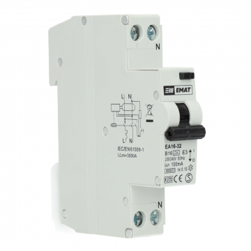 EMAT differentieelautomaat 1-polig+nul 16A B-curve 100mA (85006012)